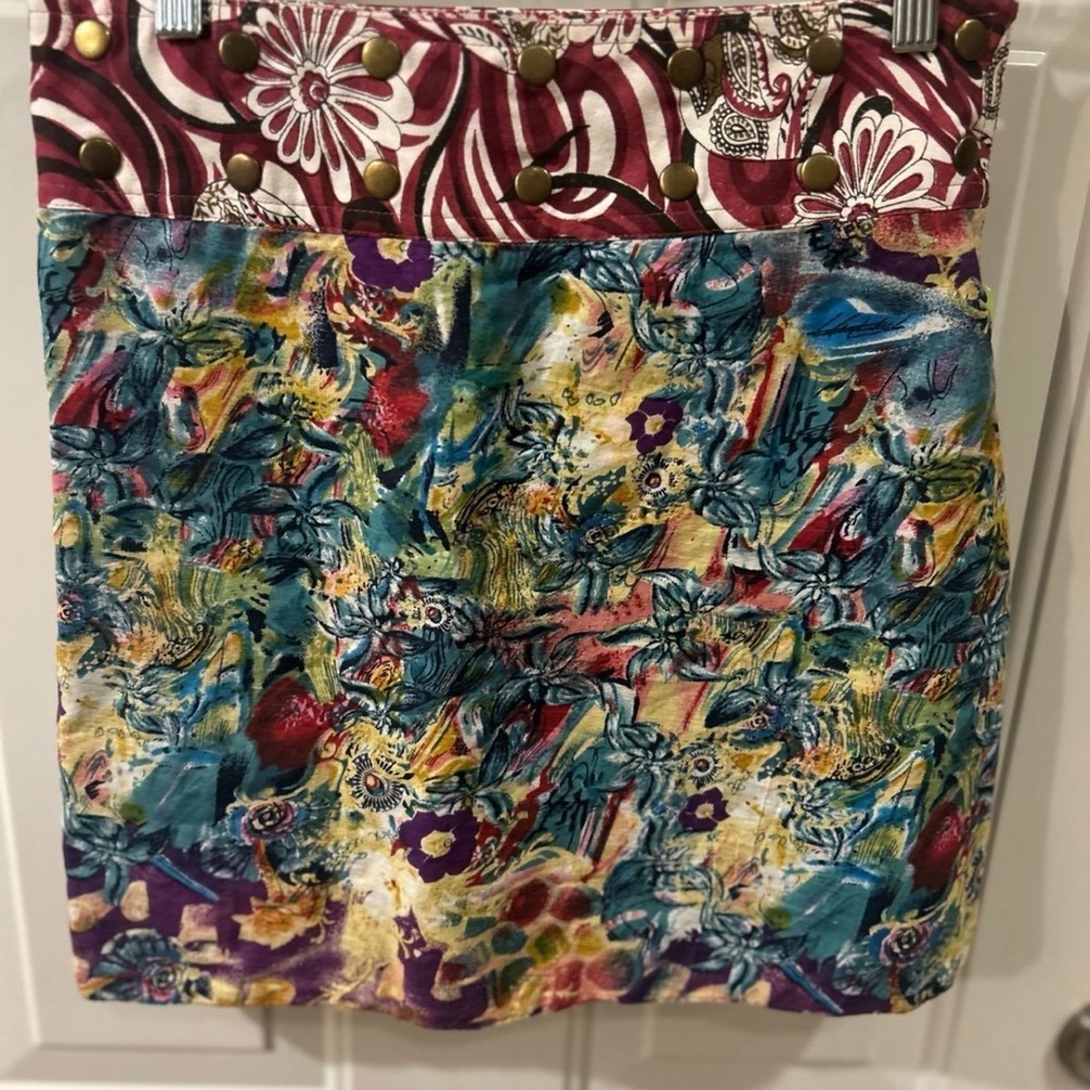 Reversible Snap Skirt Long Short Colorful Patterned Skirt with Brass Accents